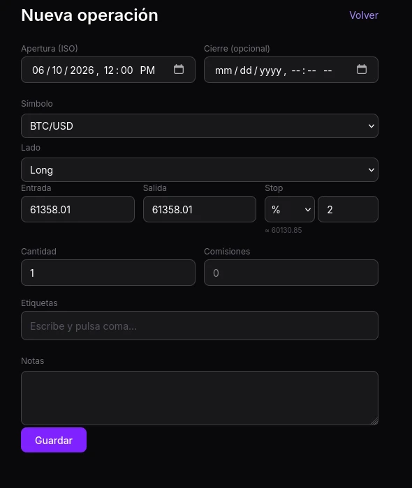 CalenTrade new trade form
