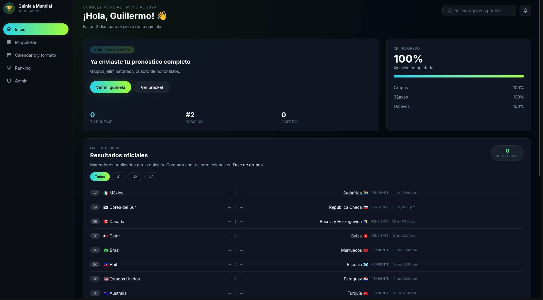Quiniela home dashboard